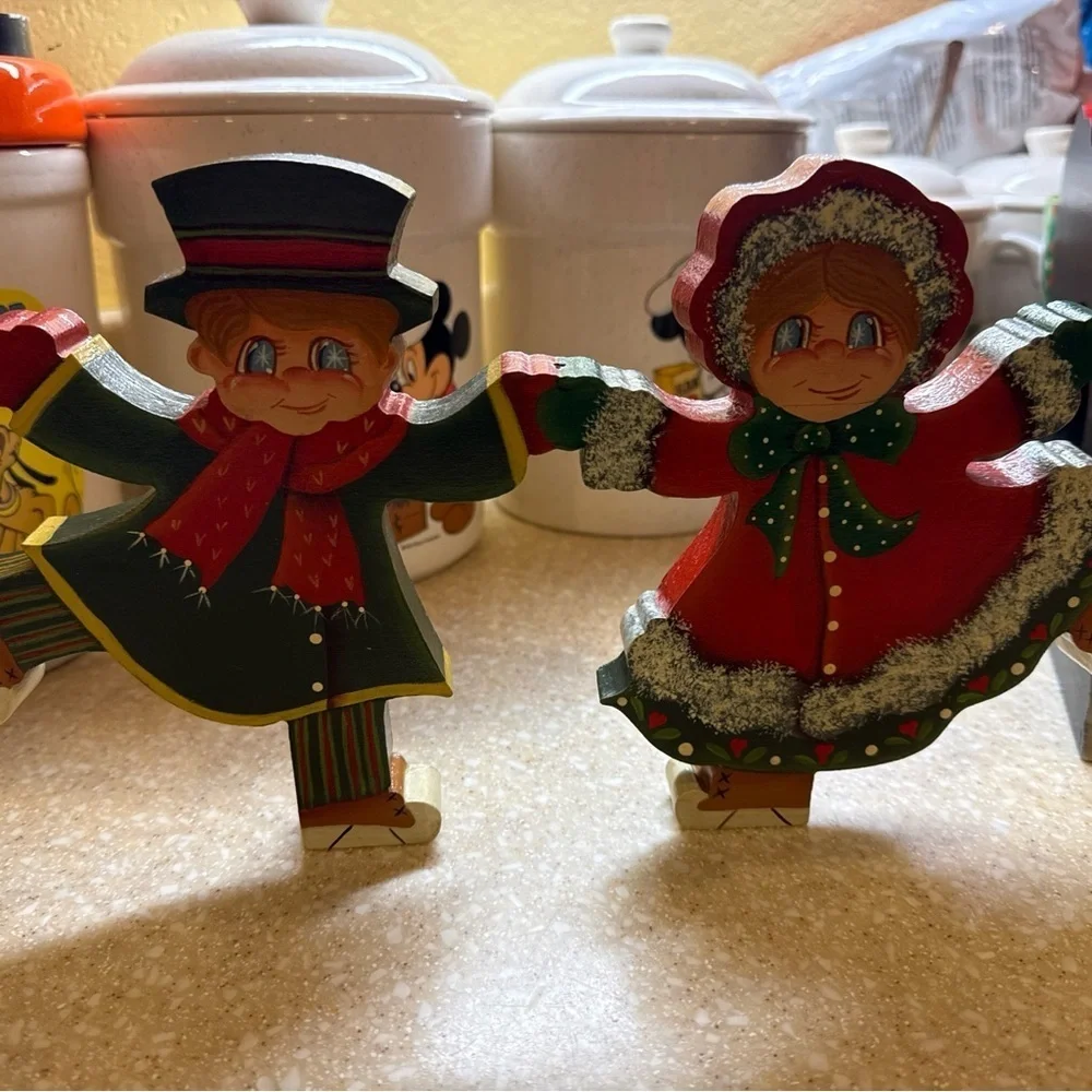 Vintage Hand Painted Wooden Holiday Christmas Carolers Decor and Set Ice Skaters
